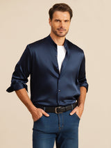 [Mørke blå] SilkSilky-NO Long Sleeve Stand Collar Skjorte for Menn 001