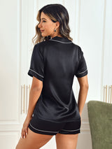 [Svart] SilkSilky-NO Short Sleeve Lapel Collar Pyjamas for Kvinner 002