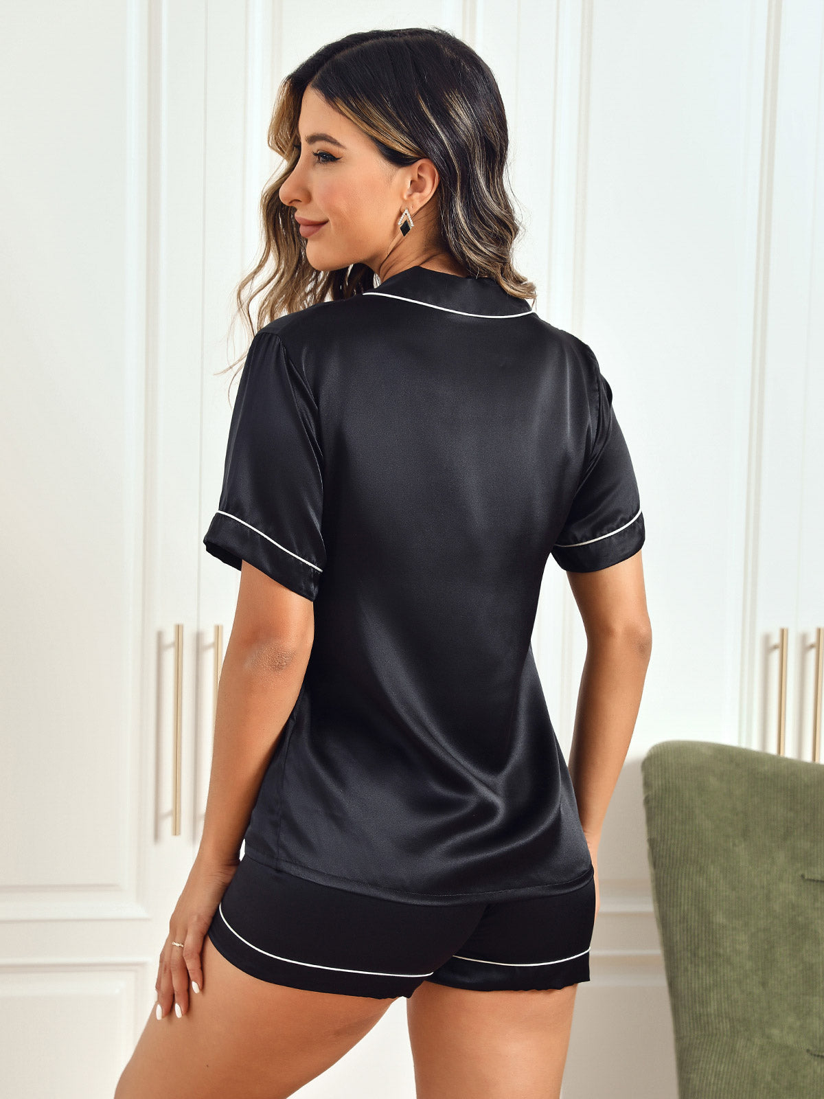 SilkSilky-NO Lapel Pyjamas for Kvinner Svart 002