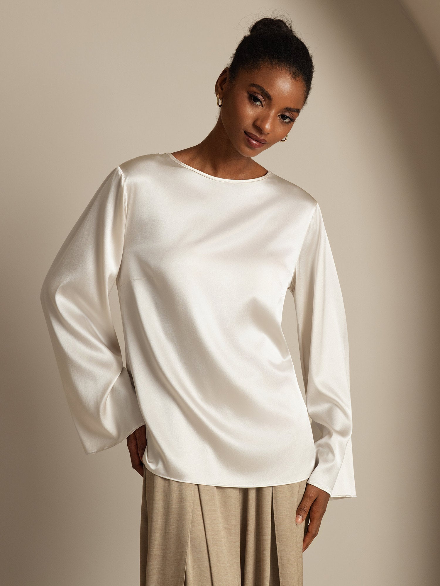 [Lysegrå] SilkSilky-NO 19Momme Silke Womens T-Shirt 001