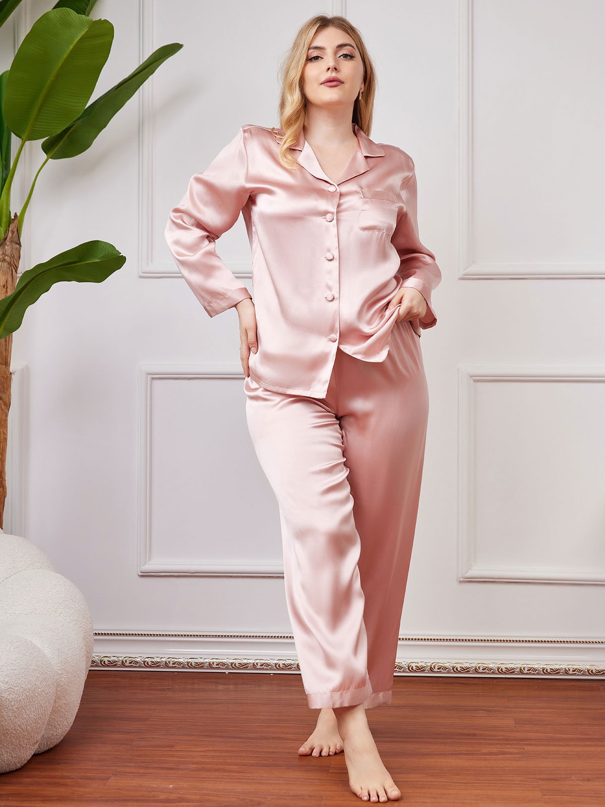 SilkSilky US Pure Silk Long Sleeve Lapel Plus Size Pajamas Pink 004