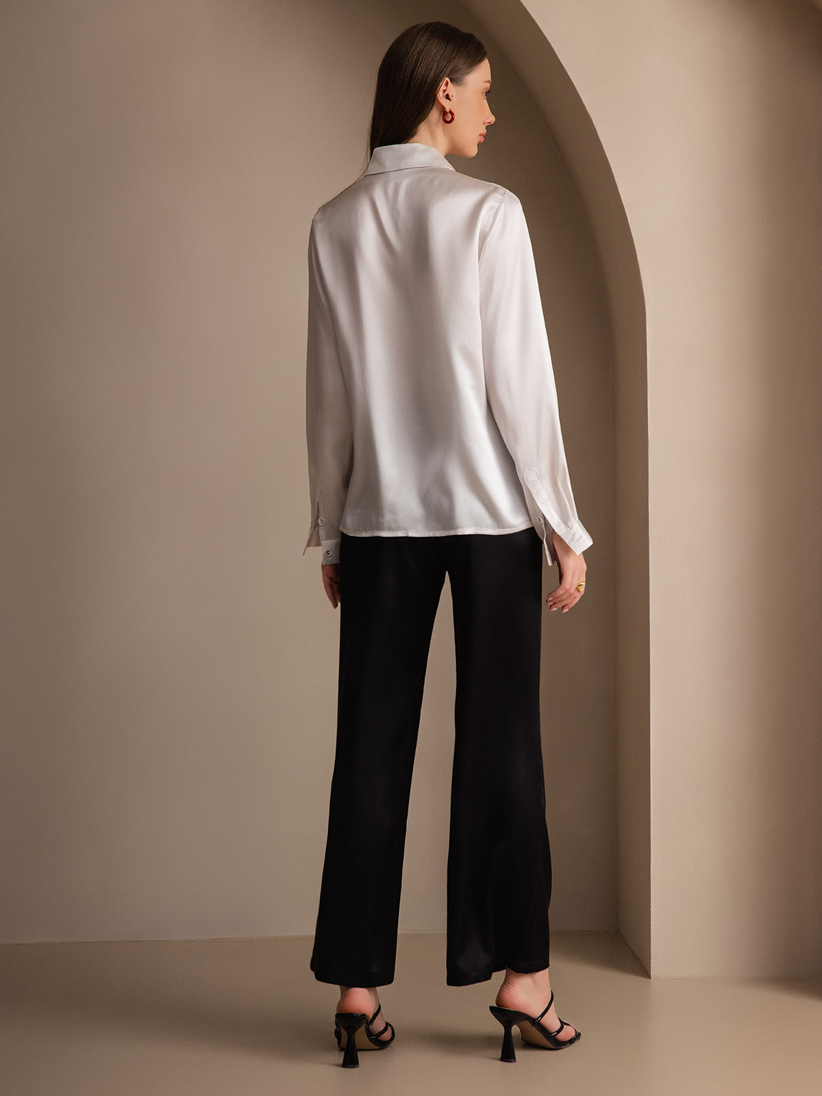 [Hvit] SilkSilky-NO 19Momme Silke Lapel Collar Skjorte for Kvinner 002