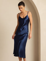 [Mørke blå] SilkSilky-NO Spaghetti Strap V Neck Kjole 007
