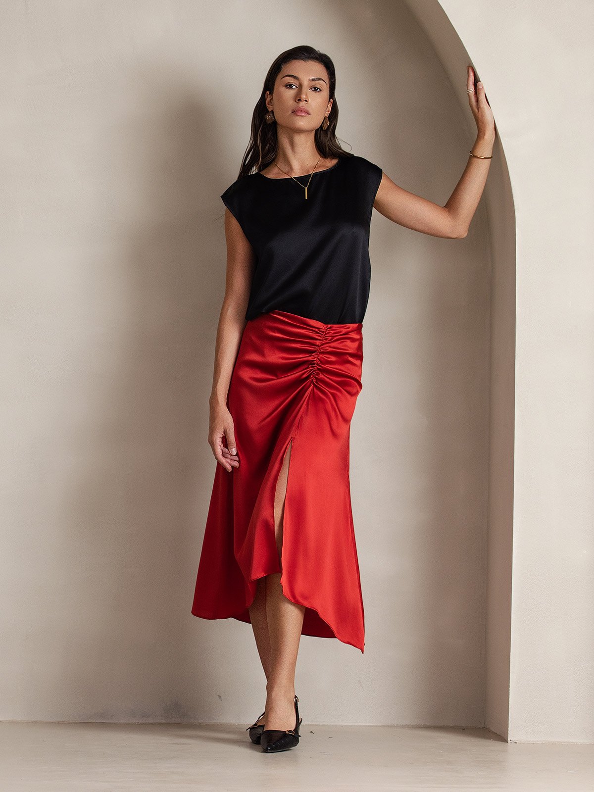 [Svart] SilkSilky-NO 19Momme Silke Womens T-Shirt 007