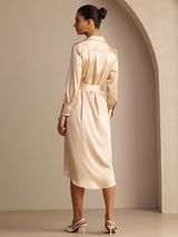 [Champagne] SilkSilky-NO Long Sleeve Lapel Collar Kjole 002