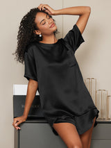 [Svart] SilkSilky-NO Short Sleeve Round Neck Pyjamas for Kvinner 002