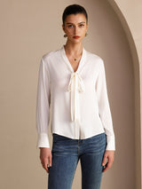 [Hvit] SilkSilky-NO Long Sleeve Tie Neck Damebluser 001