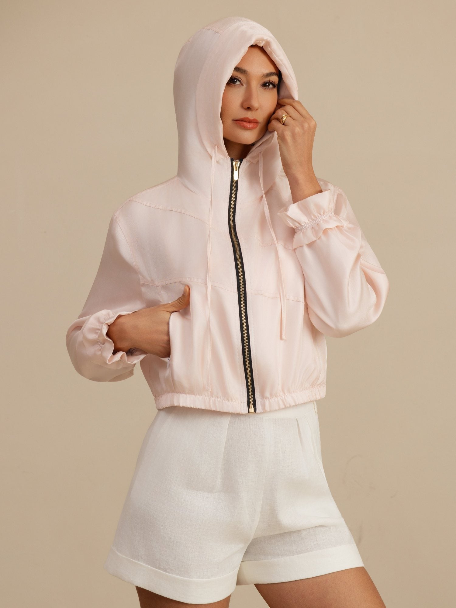 [Rosa] SilkSilky-NO 18Momme Langermet Høy Hals Yttertøy for Kvinner 006