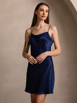 [Mørke blå] SilkSilky-NO Spaghetti Strap Cowl Neck Kjole 003