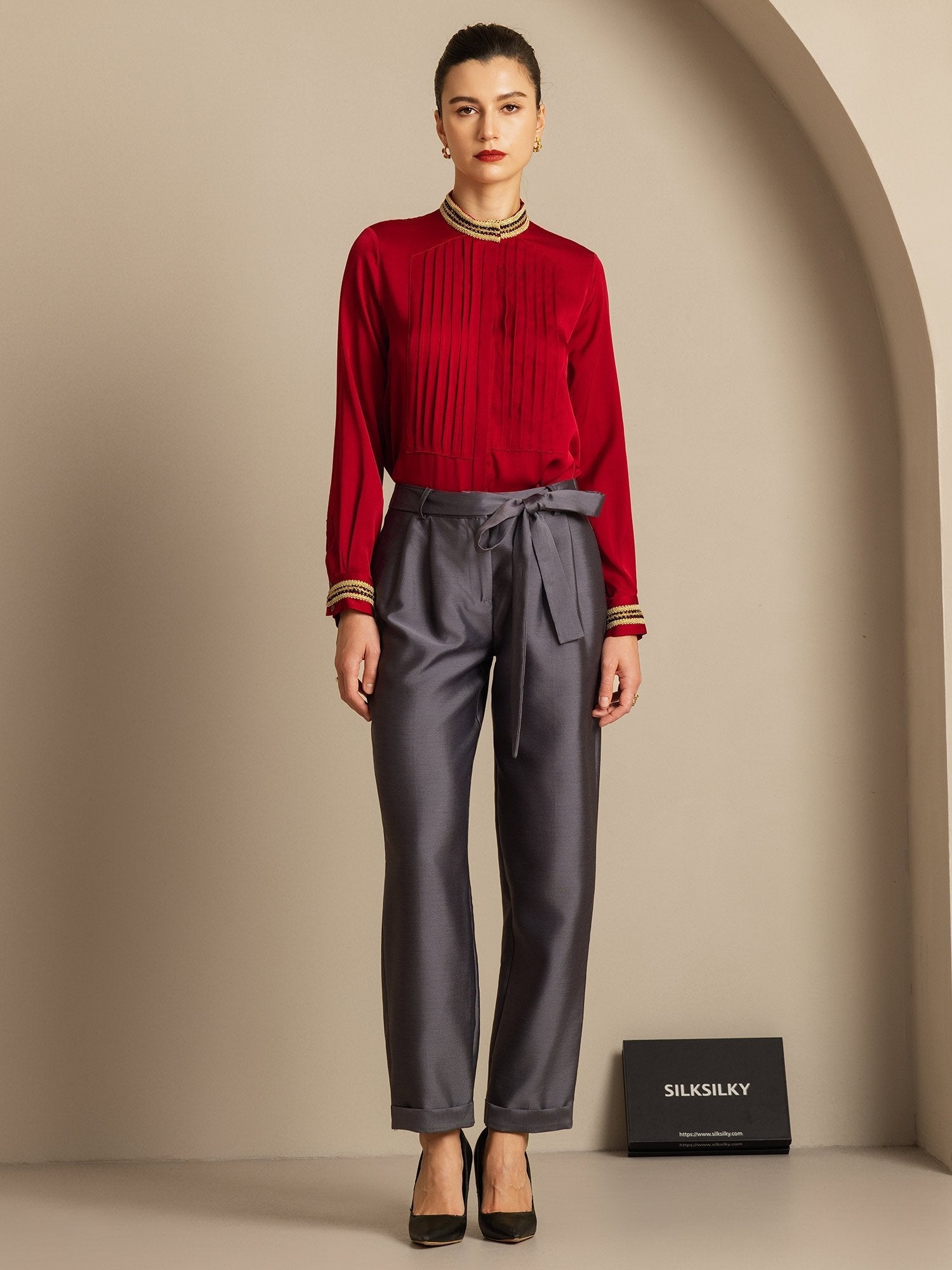 [Grå] SilkSilky-NO 32Momme Silk-Wool Blend Womens Pants 006,