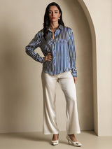 [Marine Stripe] SilkSilky-NO Long Sleeve Lapel Collar Skjorte for Kvinner 009