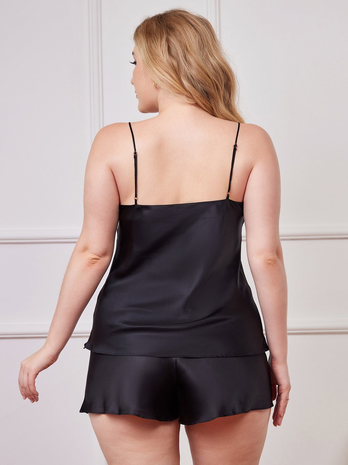 [Svart] SilkSilky-NO Pure Silk V-Hals Plus Size Camisole Set 002