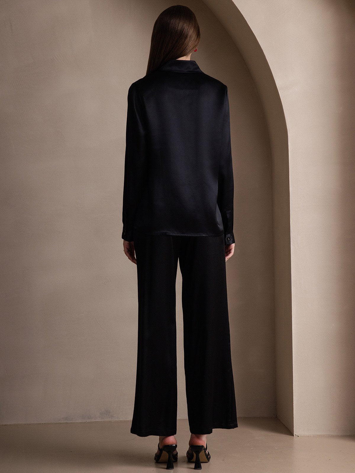 [Svart] SilkSilky-NO 19Momme Silke Lapel Collar Skjorte for Kvinner 002