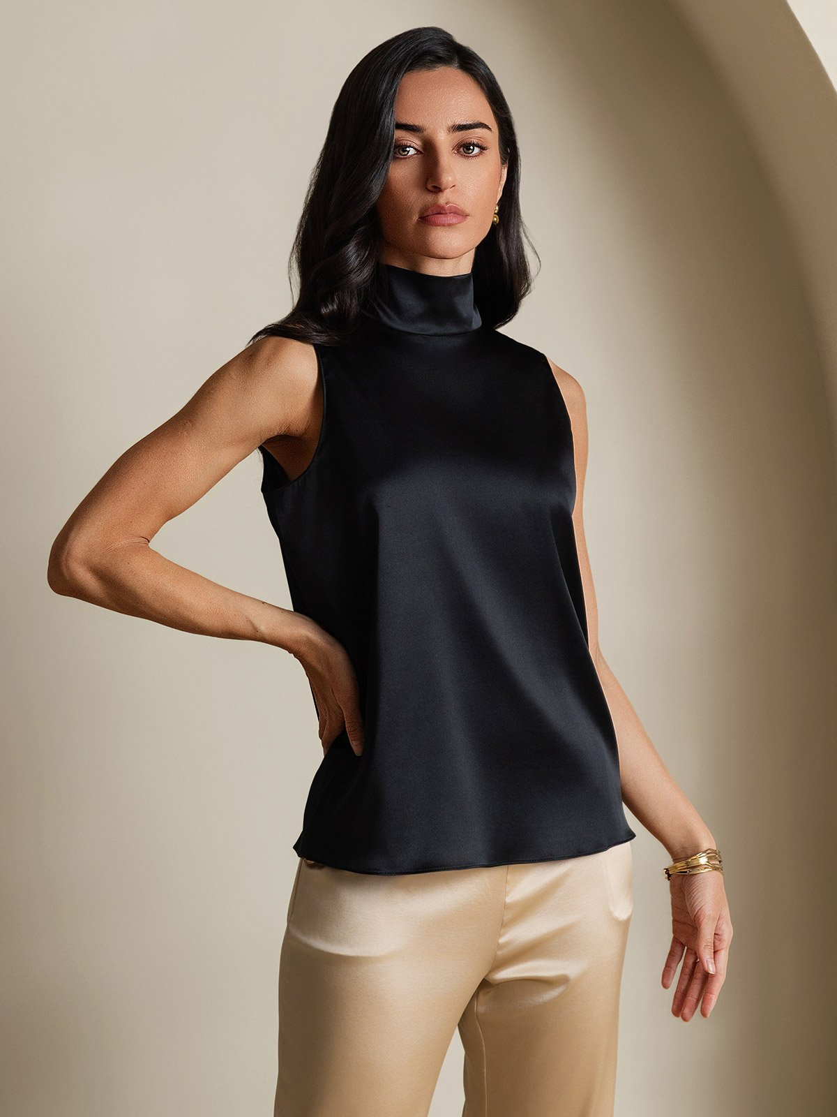 SilkSilky-NO 19Momme Silke Womens Shirt Svart 006
