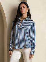 [Marine Stripe] SilkSilky-NO Long Sleeve Lapel Collar Skjorte for Kvinner 004