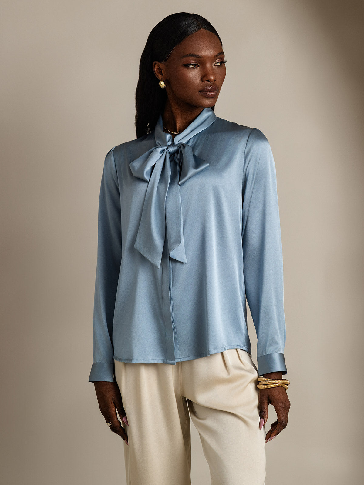 [Gråblå] SilkSilky-NO 19Momme Silke Long Sleeve Tie Neck Skjorte for Kvinner 006