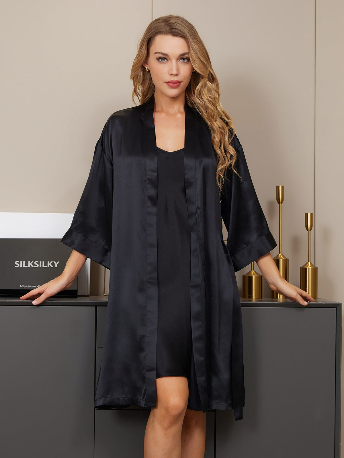 [Svart] SilkSilky-NO Silke Nightgown&Robe Set 005