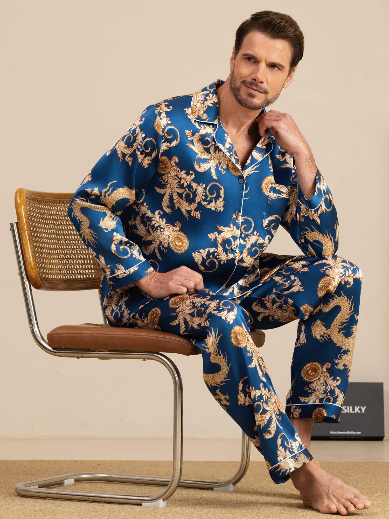 [Navy Drage] SilkSilky-NO Long Sleeve Notchkrage Pyjamas for menn 001