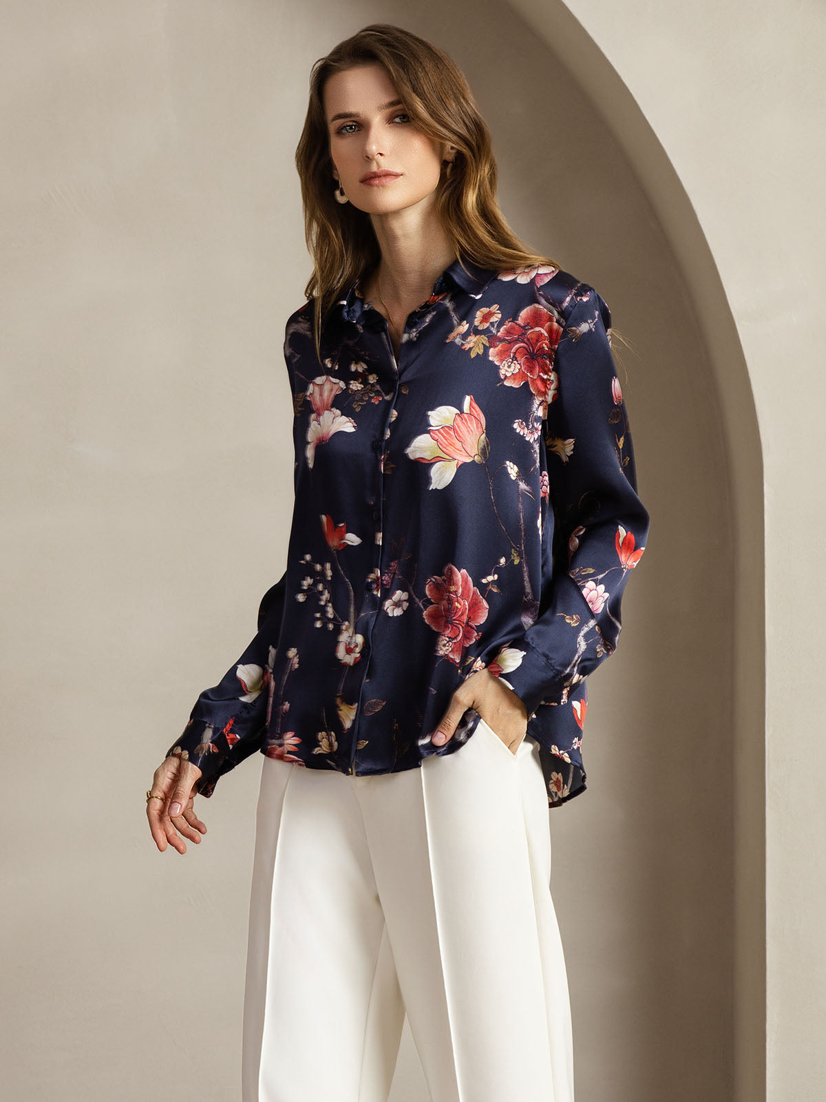 [Marine Blomster] SilkSilky-NO Silke Lapel Collar Skjorte for Kvinner 004