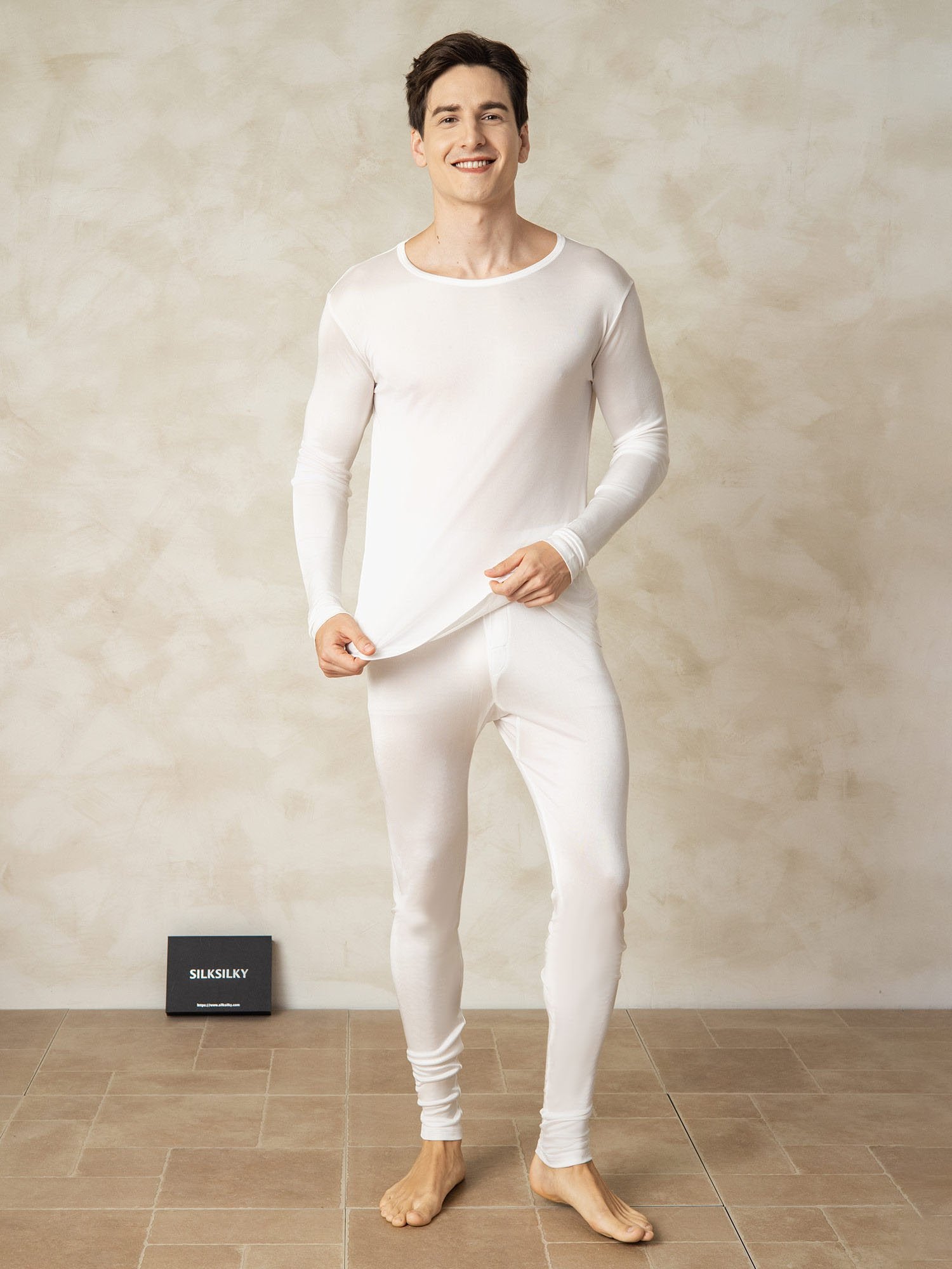 [Hvit] SilkSilky-NO Silke Mens Pajamas 001