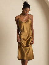 [Brun] SilkSilky-NO Spaghetti Strap U-hals Kjole 007