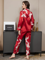 [Mørkerød] SilkSilky-NO Long Sleeve Lapel Collar Pyjamas for Kvinner 006