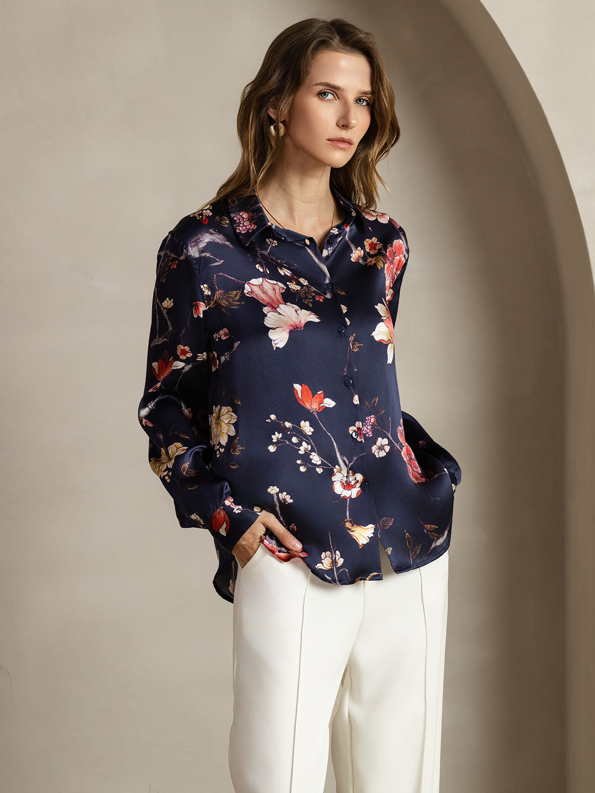 [Marine Blomster] SilkSilky-NO Silke Lapel Collar Skjorte for Kvinner 001