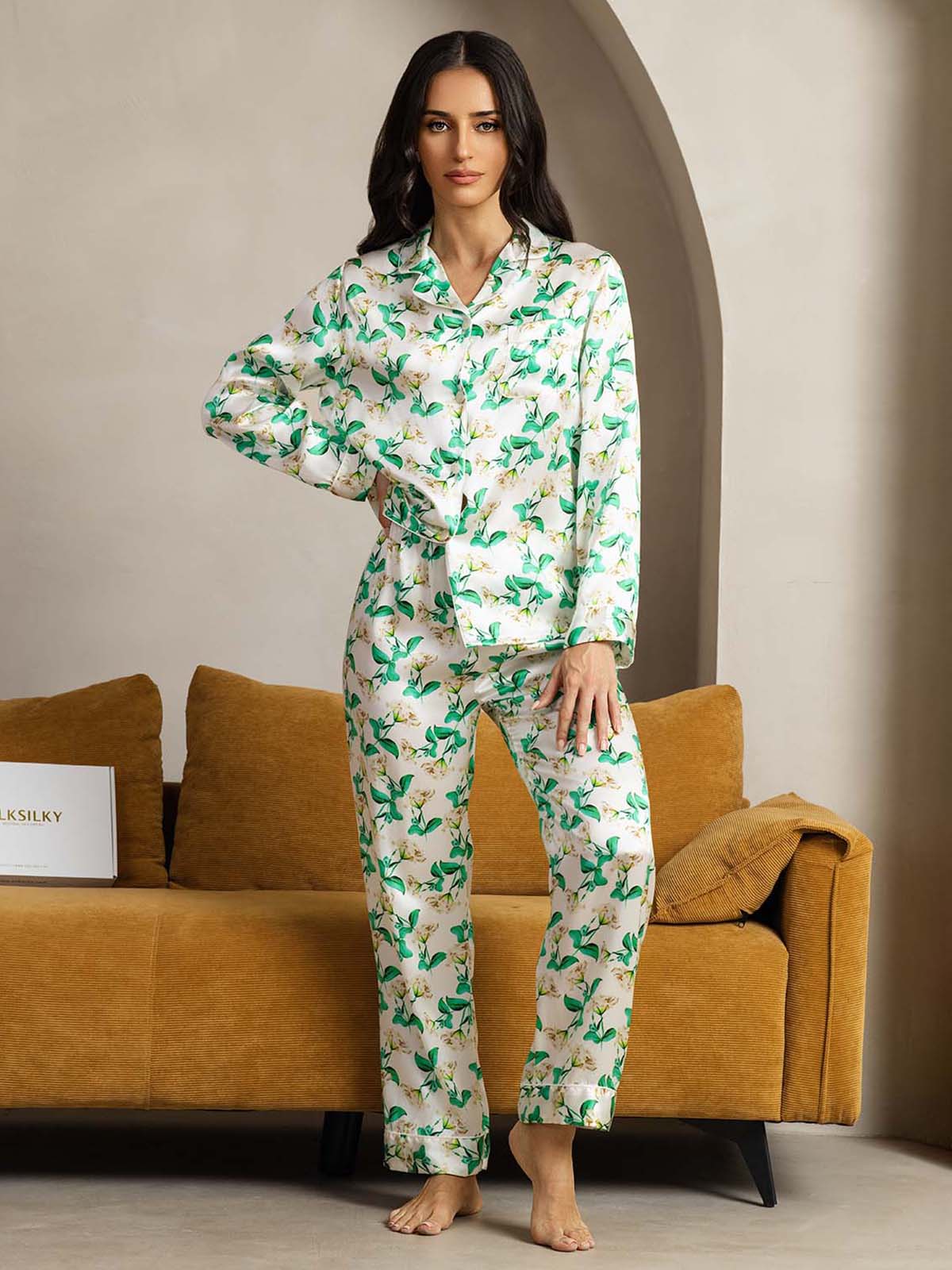 [Grønn Blomster] SilkSilky-NO Womens Pajamas 003