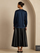 [Mørke blå] SilkSilky-NO 19Momme Long Sleeve Round Neck Bluse 002
