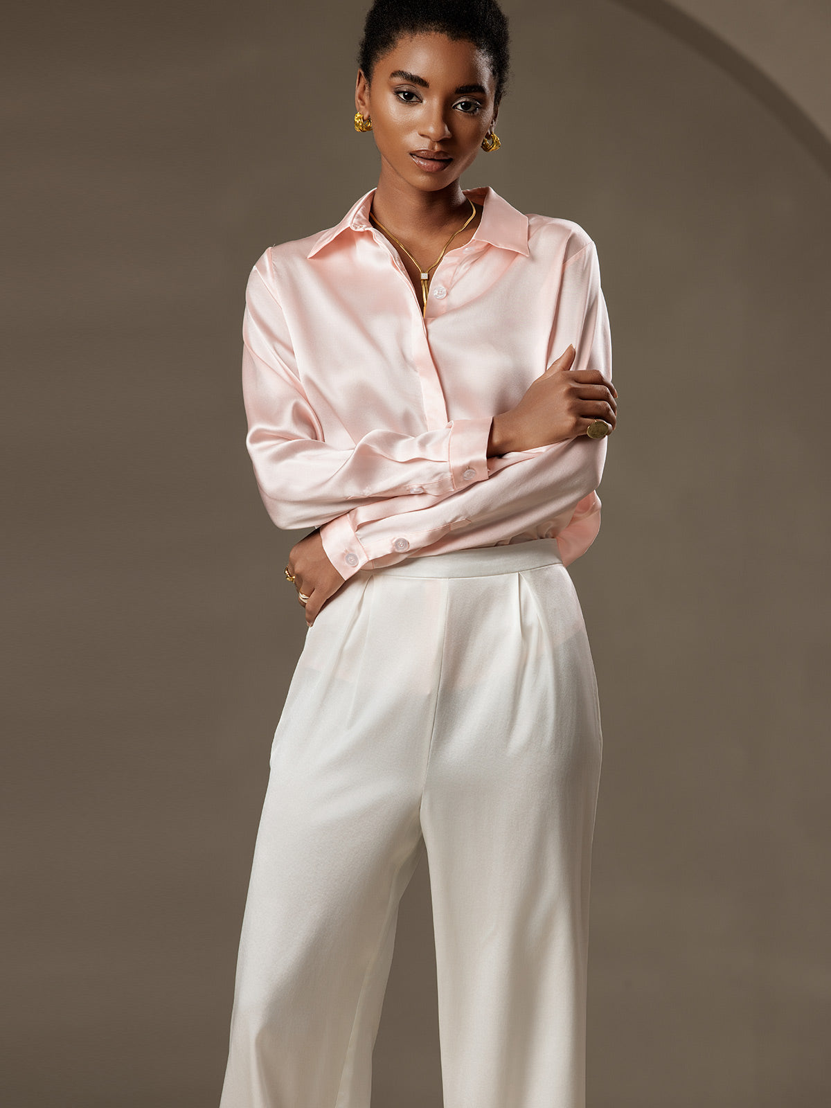 [Rosa] SilkSilky-NO 19Momme Silke Lapel Collar Skjorte for Kvinner 006