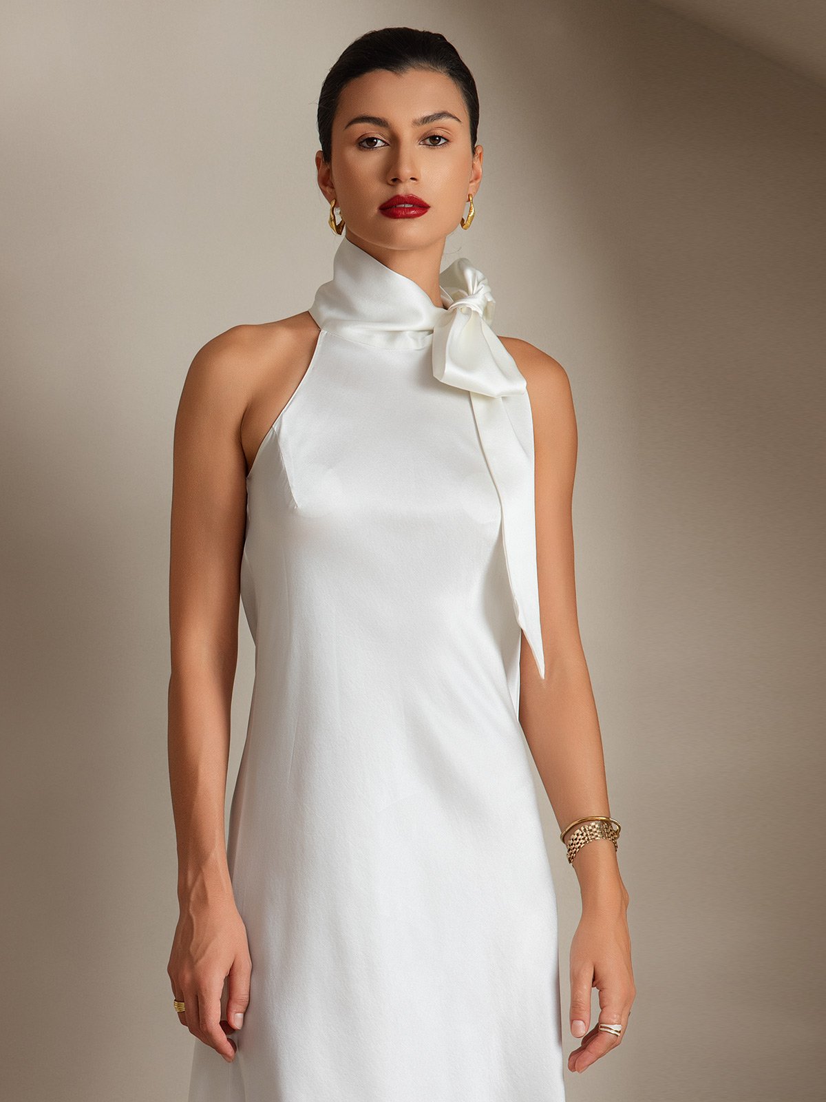 SilkSilky US 19Momme Silk Blend Sleeveless Tie Neck Dress White 003