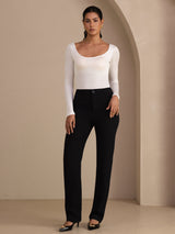 [Hvit] SilkSilky-NO Long Sleeve U-hals T-skjorte for Kvinner 005
