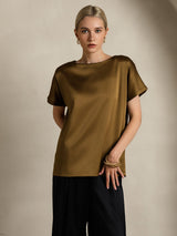[Brun] SilkSilky-NO 19Momme Kort erm Båtringning T-skjorte for Kvinner 006