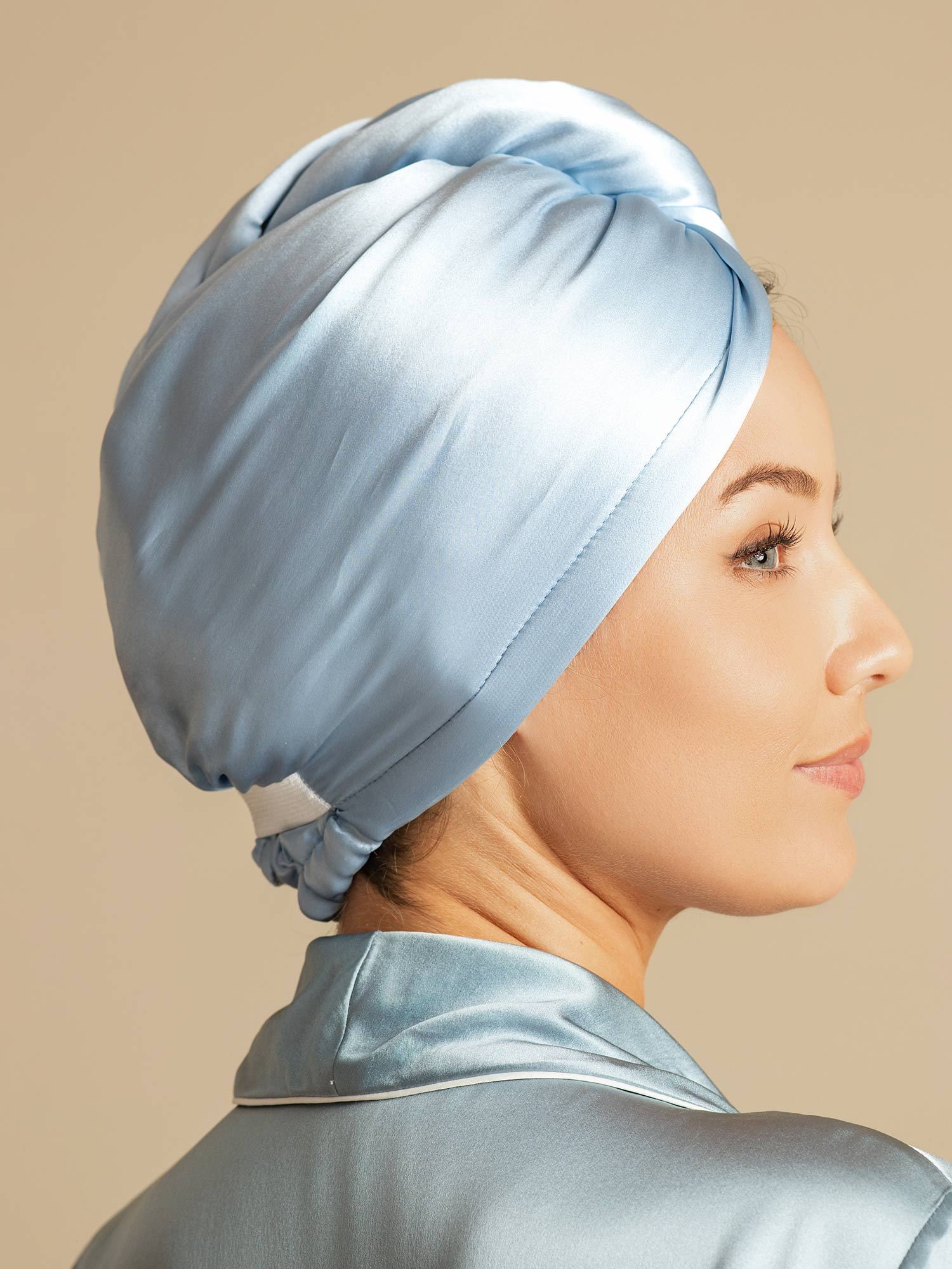 [Himmelblå] SilkSilky-NO Silke Hair Towel Wrap 002,