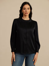 [Svart] SilkSilky-NO 19Momme Long Sleeve Round Neck Bluse 003