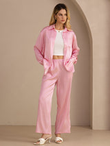 [Rosa Nålestripete] SilkSilky-NO Long Sleeve Lapel Collar Women's Outfit Sets 001