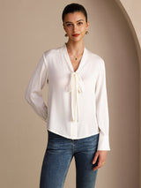 [Hvit] SilkSilky-NO Long Sleeve Tie Neck Damebluser 003