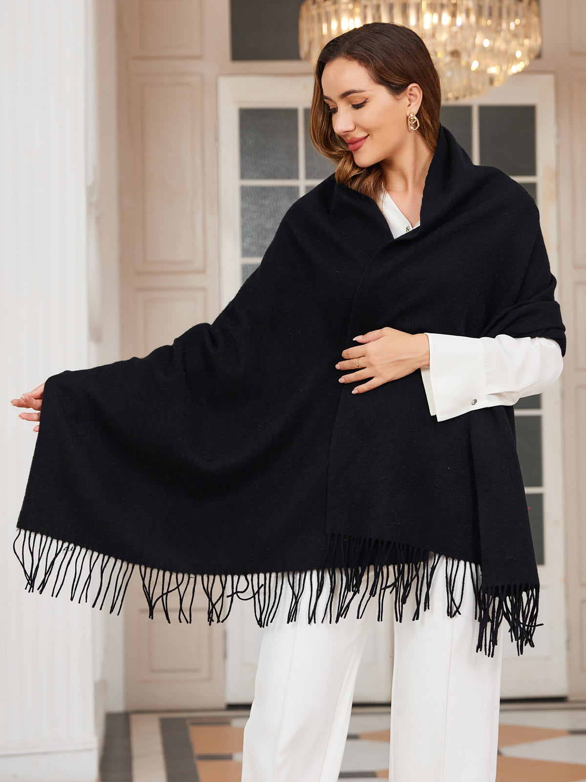 [Svart] SilkSilky-NO Ull Scarf 001