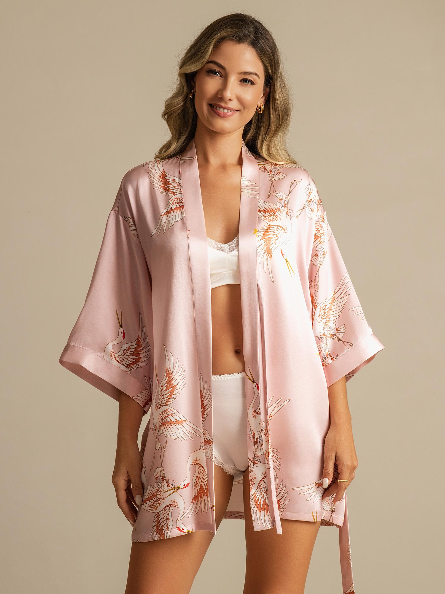 [Rosa] SilkSilky-NO 19Momme 3/4 erme Morgenkåpe for Kvinner 001
