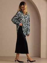 [Teal Leopard] SilkSilky-NO Long Sleeve Lapel Collar Bluse 005