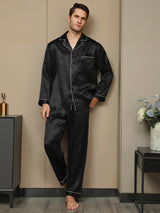 [Svart] SilkSilky-NO Long Sleeve Lapel Collar Pyjamas for menn 004