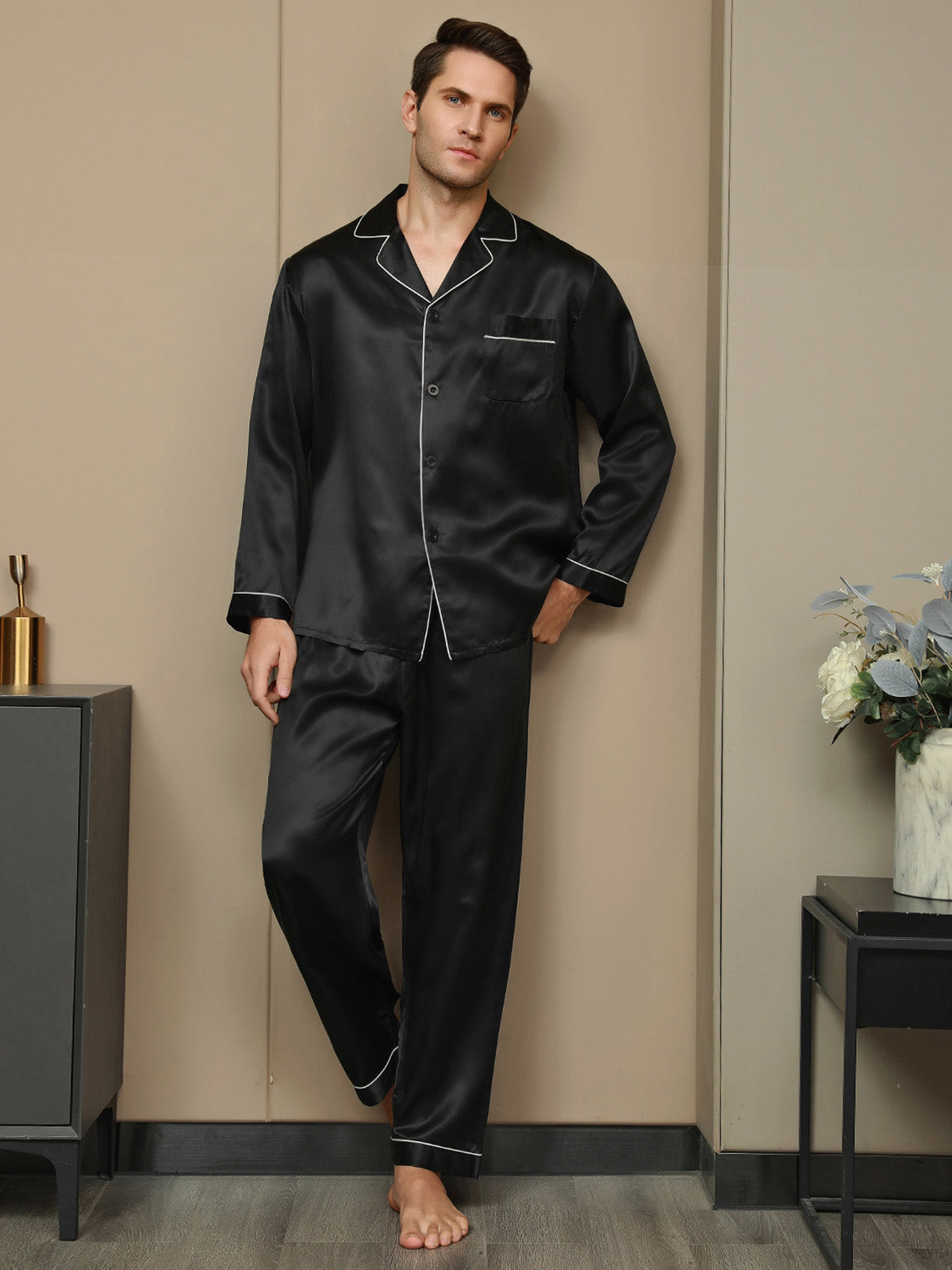 [Svart] SilkSilky-NO 19Momme Mens Pajamas 004