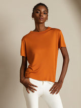 [Oransje] SilkSilky-NO 100% Silk Jersey Short Sleeve Falsk Krage T-skjorte for Kvinner 005