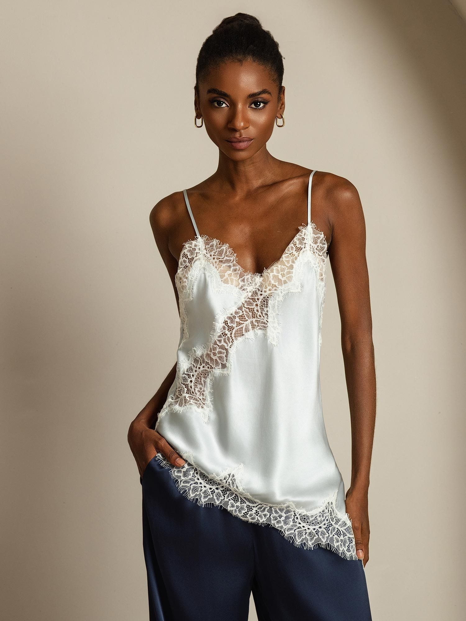 [Lyse Blå] SilkSilky-NO Spaghetti Strap V Neck Camisole Topp 001