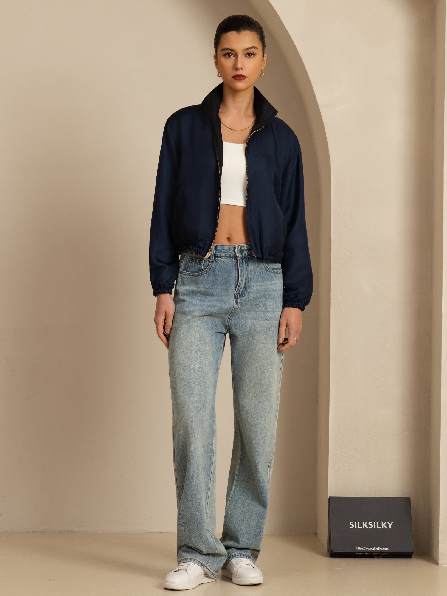 [Svart+Mørkeblå] SilkSilky-NO 18Momme Langermet Ståkrave Yttertøy for Kvinner 007