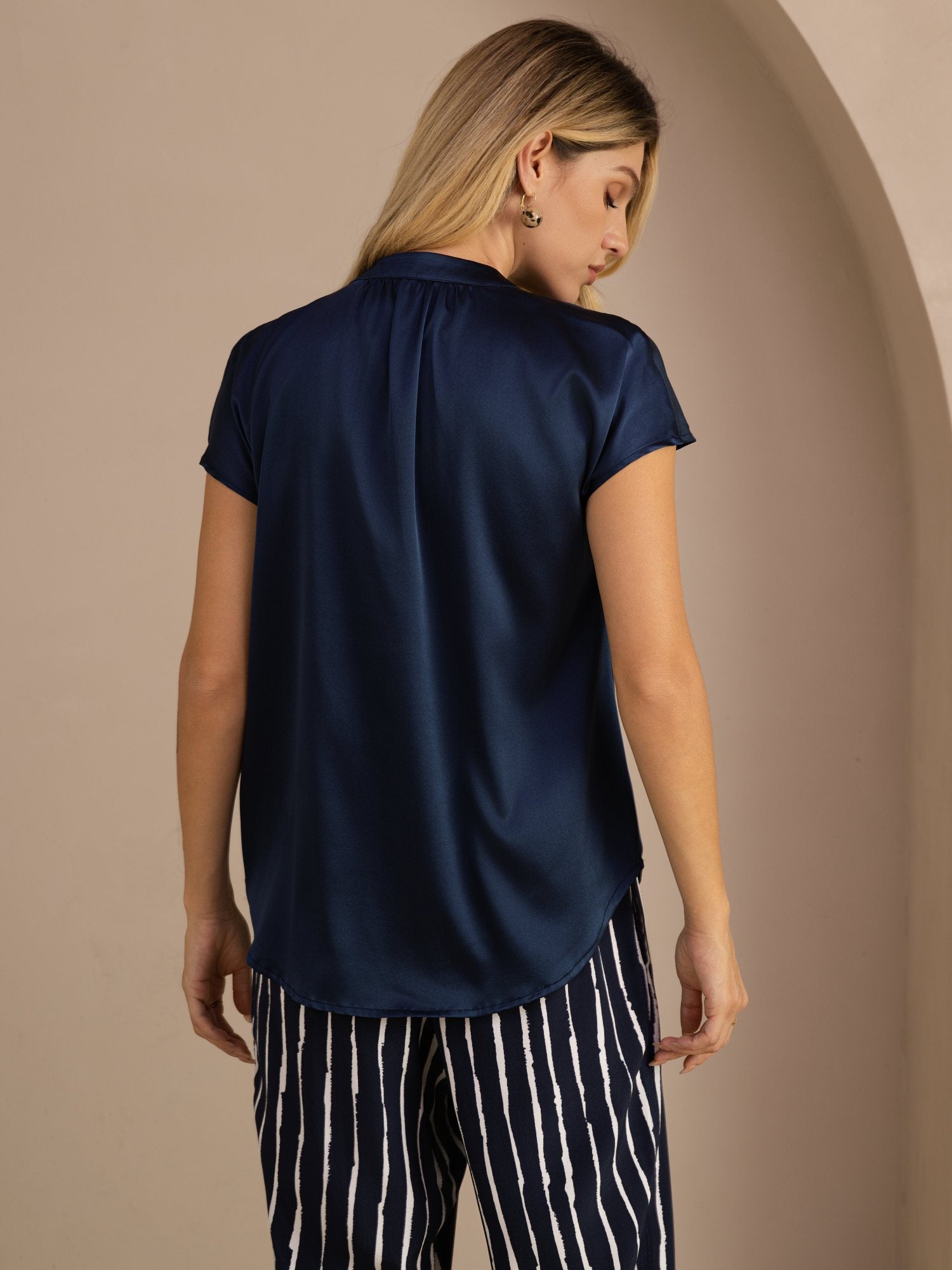 [Mørke blå] SilkSilky-NO Short Sleeve Blouse 002