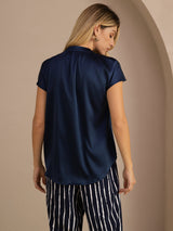 [Mørke blå] SilkSilky-NO Short Sleeve Blouse 002