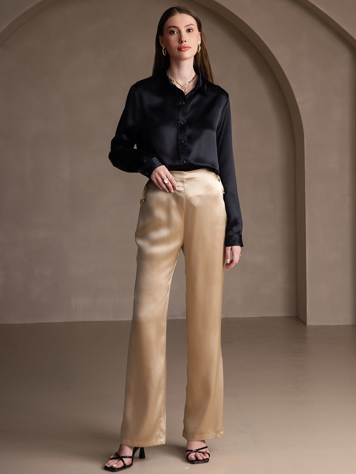 SilkSilky-NO 19Momme Silke Womens Shirt Svart 006
