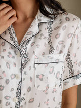 [Hvit Leopard] SilkSilky-NO Short Sleeve Notch Collar Pyjamas for Kvinner 005
