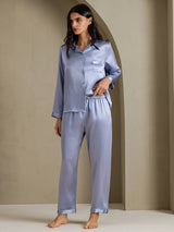 [Stål Blå] SilkSilky-NO Long Sleeve Lapel Collar Pyjamas for Kvinner 008